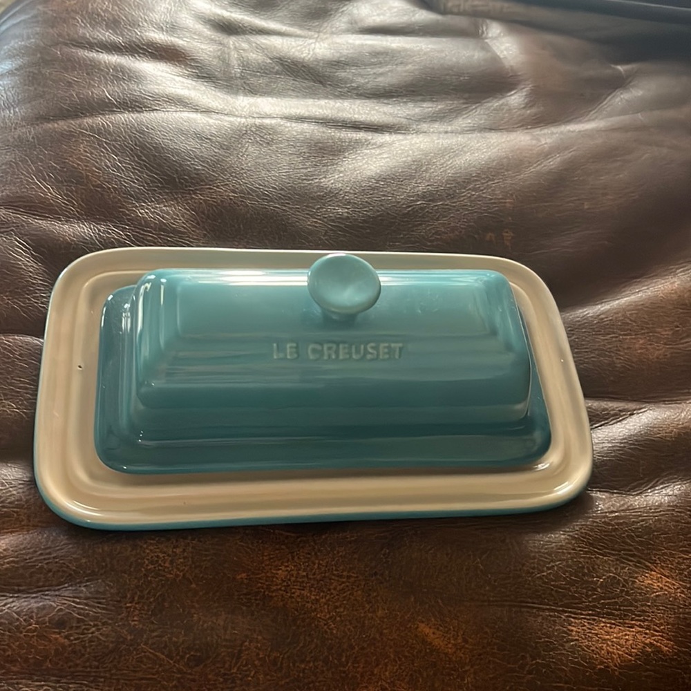 Caribbean blue butter dish. Le Creuset butter dish.